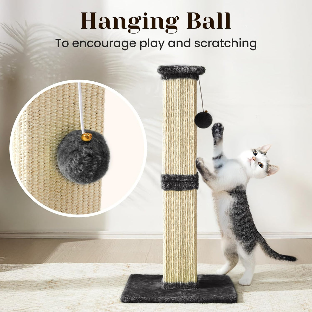 Tall Cat Scratching Post, 32'' Heavy Duty and Thick Scratching Post, Scratching Post for Adult Cats, Thick Sisal Rope with Hanging Ball, Grey