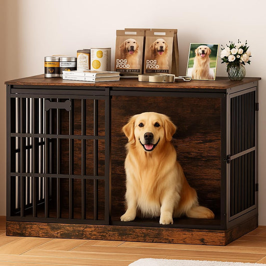 47" Dog Crate Furniture for Large/Medium Dogs, Heavy Duty Dog Kennel Indoor with Name Tag, Wooden Dog Cage with Sliding Barn Door, Decorate House as TV Stand, End Table, Brown