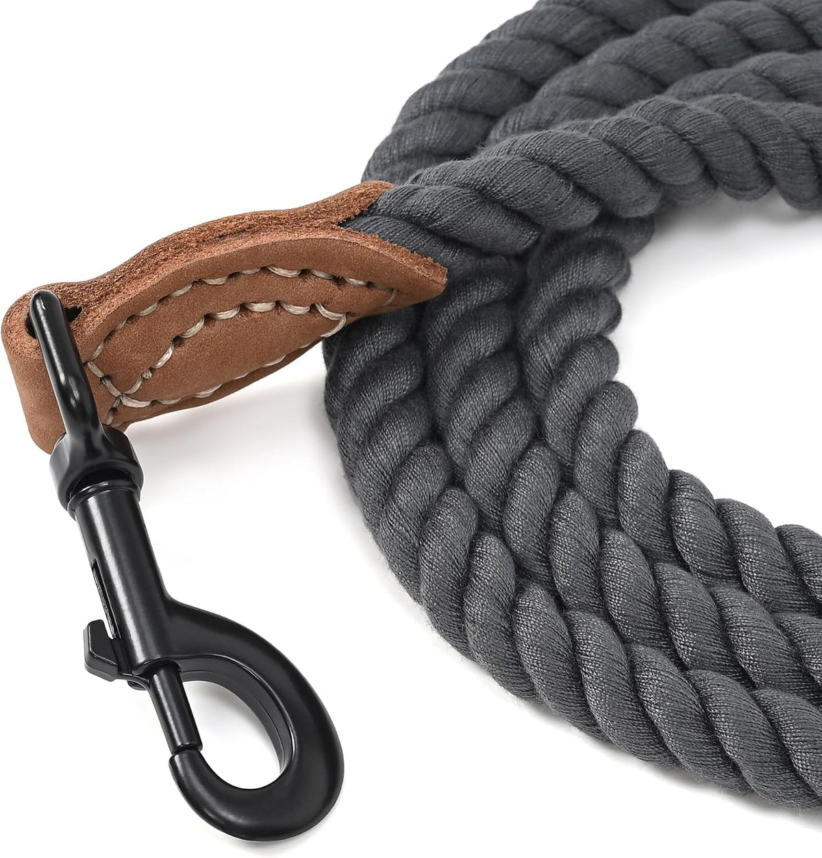 Dog Leash Braided Cotton Rope with Leather-Reinforced Ends