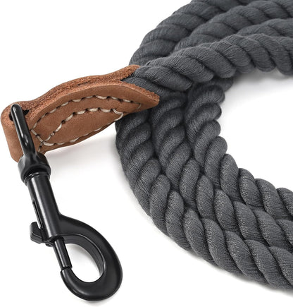 Dog Leash Braided Cotton Rope with Leather-Reinforced Ends
