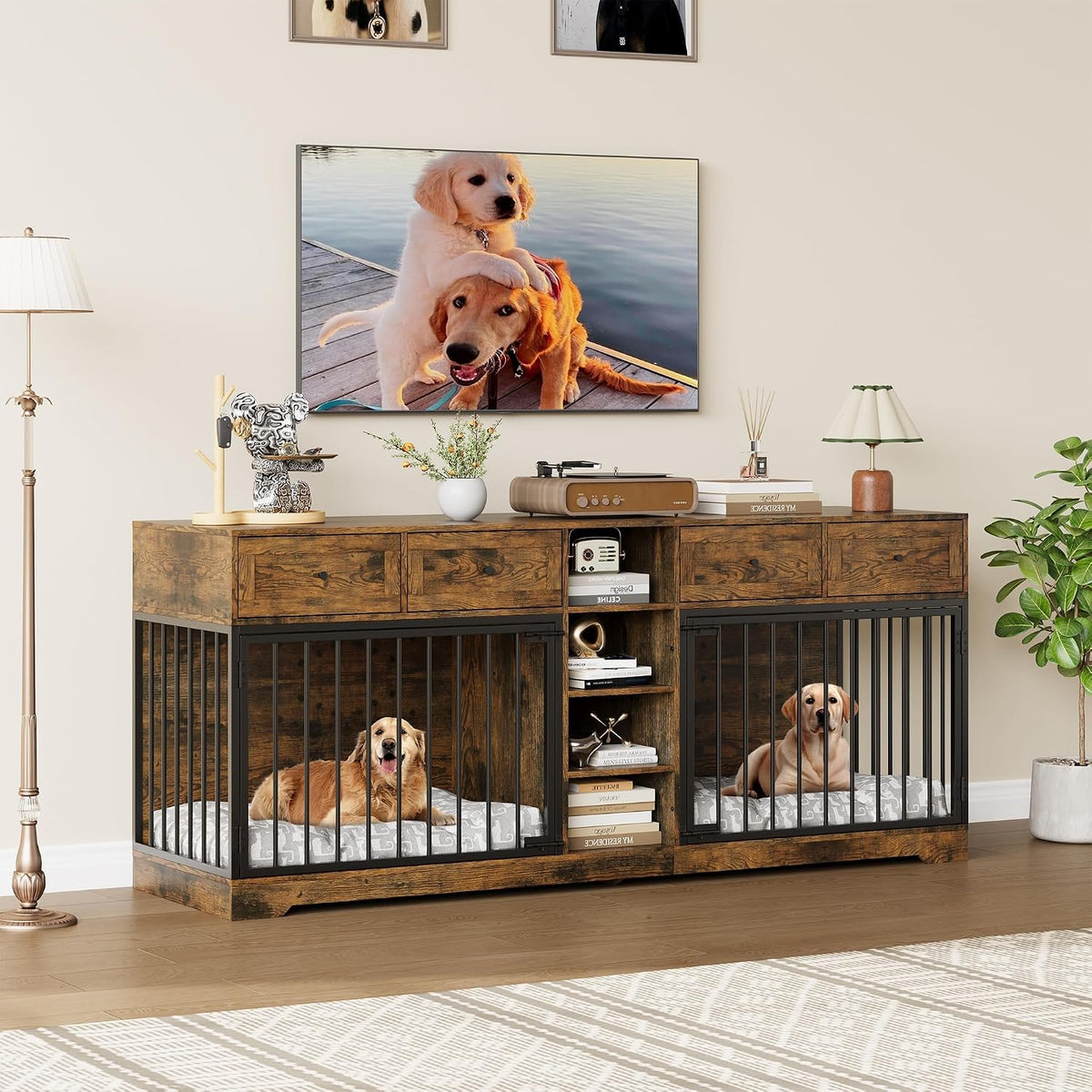 82" Large Double Dog Crate Furniture with Drawers and Shelves, Brown