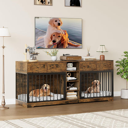 82" Large Double Dog Crate Furniture with Drawers and Shelves, Brown