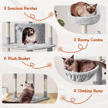 76In Large Cat Tree Tower, 2 Condos, Sisal Posts & Cat-Ear Perch