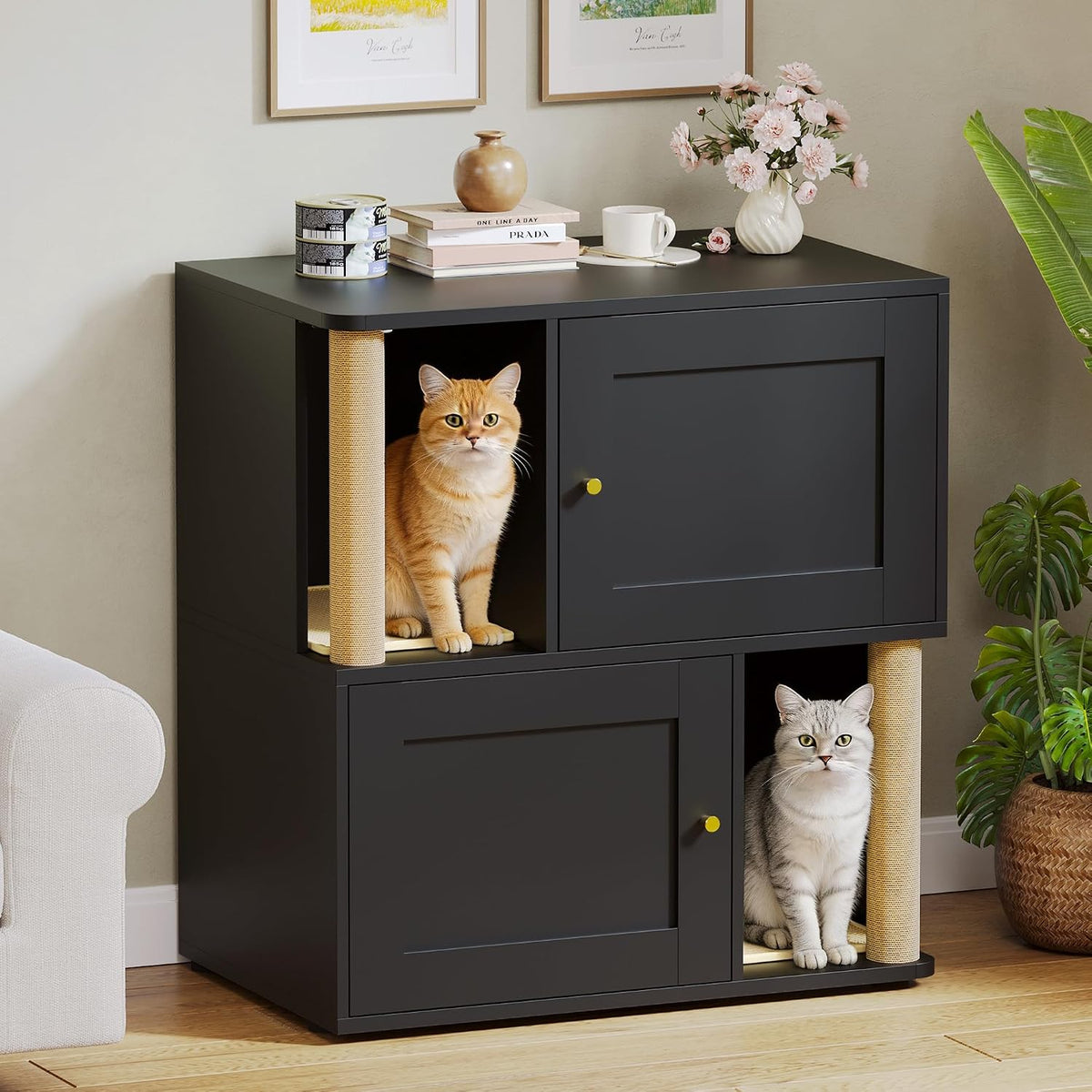 Double Cat Litter Box Enclosure, Litter Box Cabinet for 2 Cats, Hidden Cat Litter Box Furniture, Dog-Proof Litter Box Enclosure with Cats Scratching Post, Suitable for Most Litter Boxes