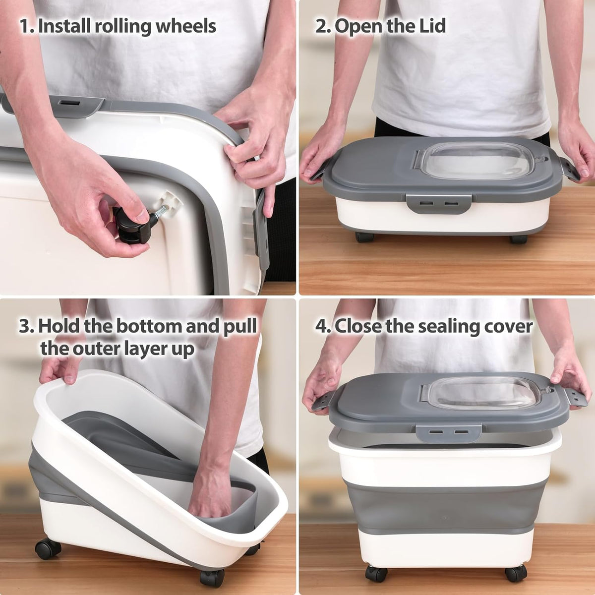 Dog Food Storage Container, 10-20Lbs Collapsible Pet Food Storage Containers with Rolling Wheel Airtight Locking Lid, Dry Food Storage Bin with Cup and Scoop,Suitable for Pet Food, Rice, Flour
