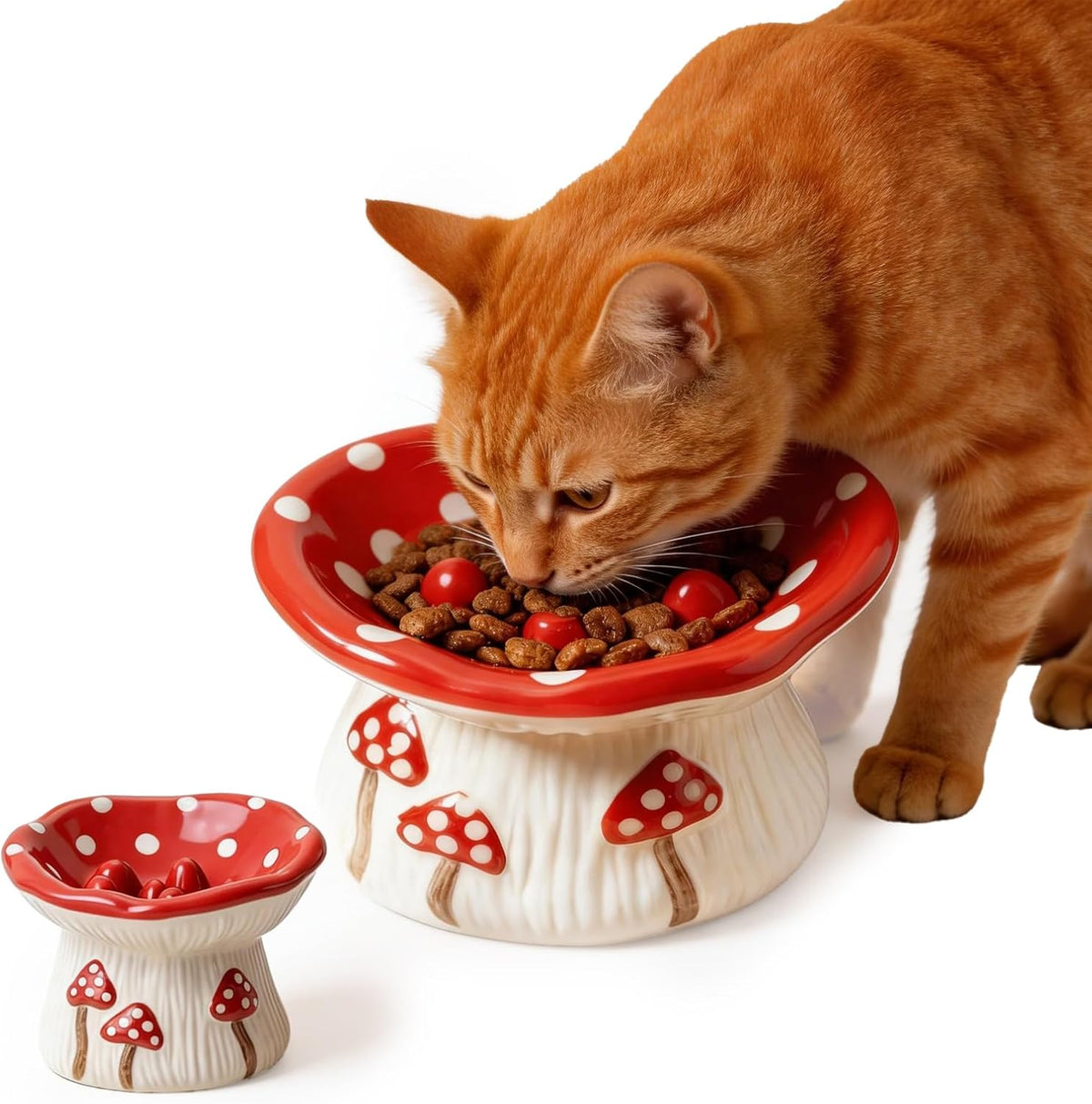 Cute Ceramic Elevated Slow Feeder Cat Bowl, Mushroom Design Non-Slip Pet Bowl for Cats & Small Dogs