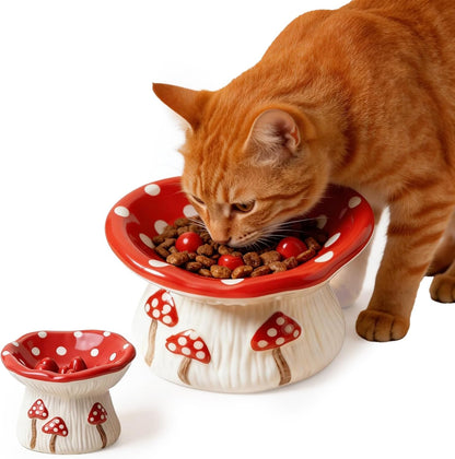 Cute Ceramic Elevated Slow Feeder Cat Bowl, Mushroom Design Non-Slip Pet Bowl for Cats & Small Dogs