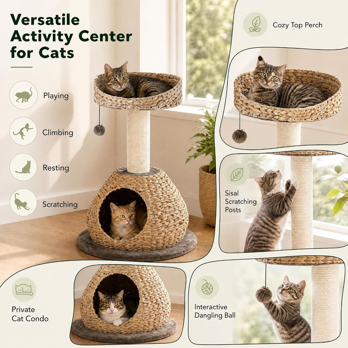 Modern Cat Tree Tower, Paper Rope Natural Bowl Shaped with Perch, Scratching Post, Rattan Cat Activity Tree for Kittens, 28" Tall