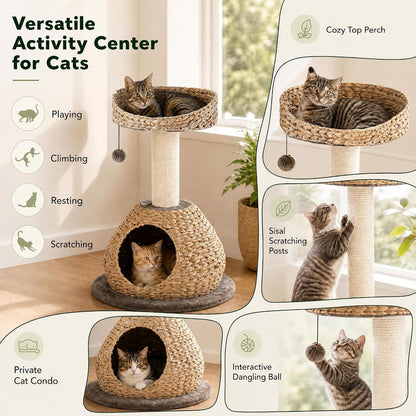 Modern Cat Tree Tower, Paper Rope Natural Bowl Shaped with Perch, Scratching Post, Rattan Cat Activity Tree for Kittens, 28" Tall
