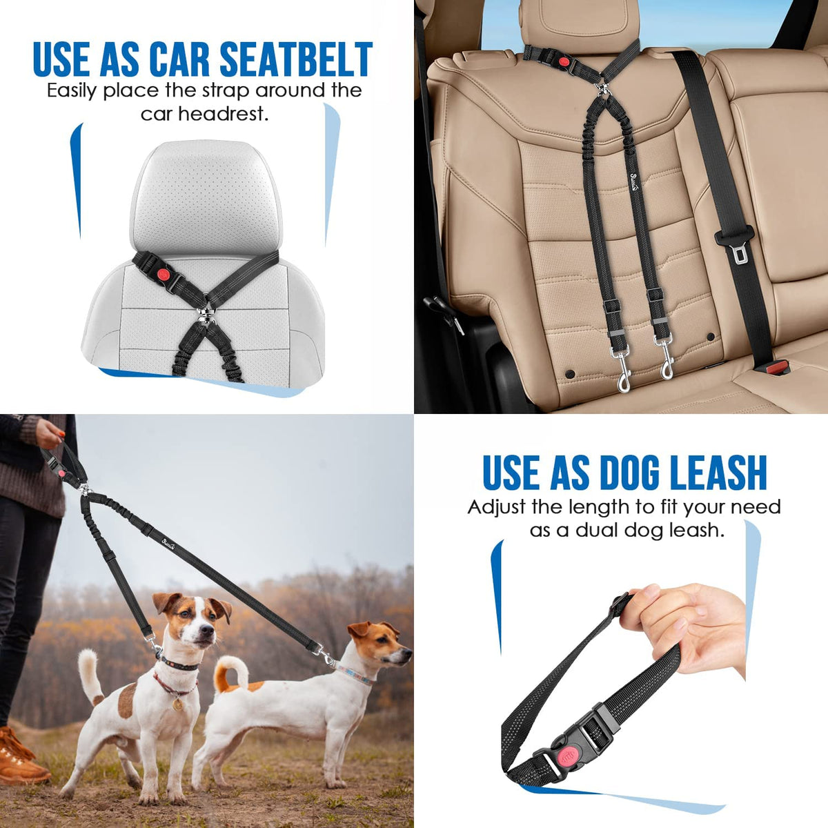 Double Dog Car Seat Belt, No Tangle Headrest Restraint