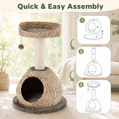 Modern Cat Tree Tower, Paper Rope Natural Bowl Shaped with Perch, Scratching Post, Rattan Cat Activity Tree for Kittens, 28" Tall