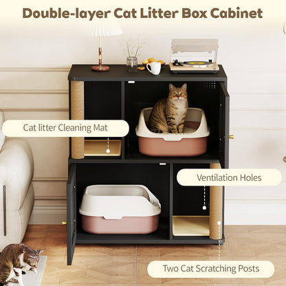 Double Cat Litter Box Enclosure, Litter Box Cabinet for 2 Cats, Hidden Cat Litter Box Furniture, Dog-Proof Litter Box Enclosure with Cats Scratching Post, Suitable for Most Litter Boxes