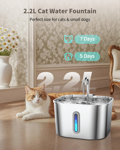 Stainless Steel Cat Water Fountain - 74Oz/2.2L Cat Drinking Fountain