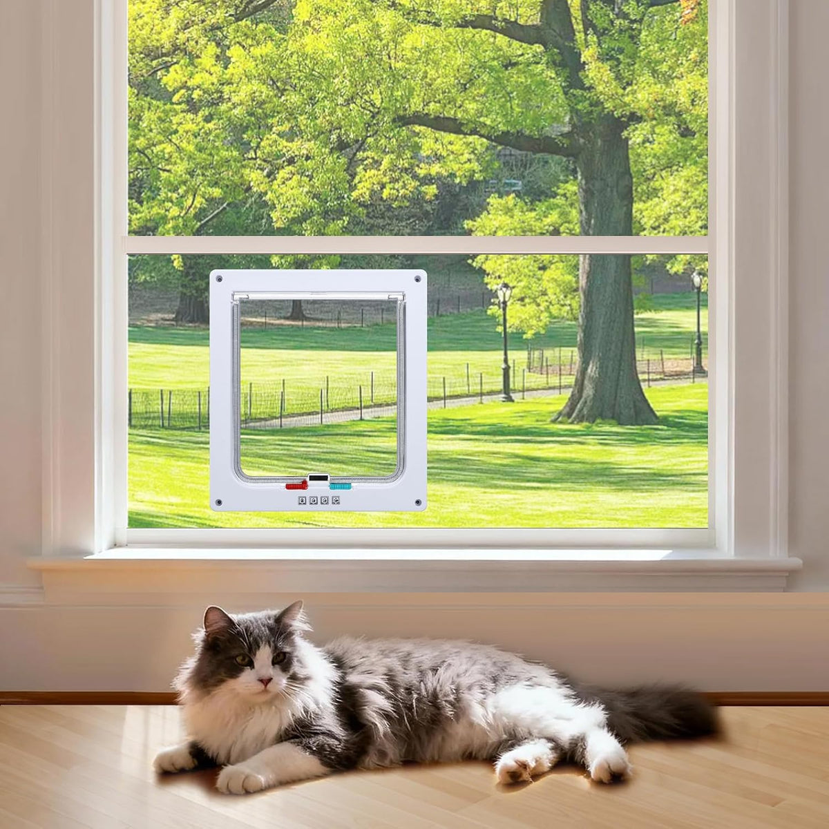 Cat Door for Window, Fits 26"-36" Width Window, with 4 Locking Modes, Clear
