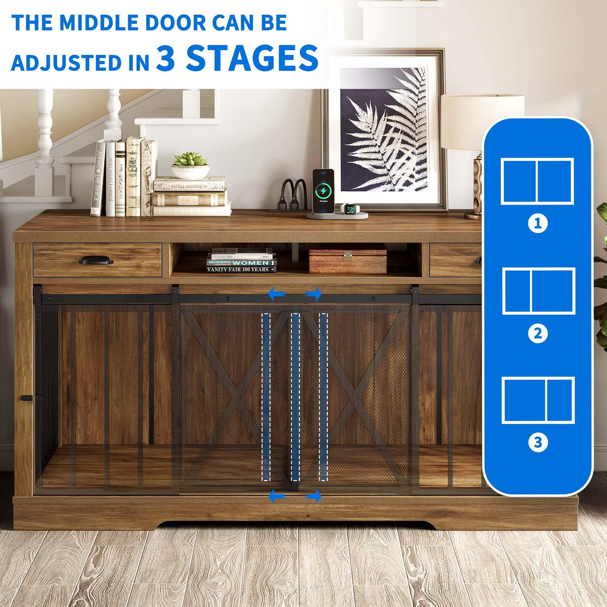 63-Inch Dog Crate Furniture,Tv Stand with Charging Station,Dog Kennel with Double Sliding Barn Door - Oak