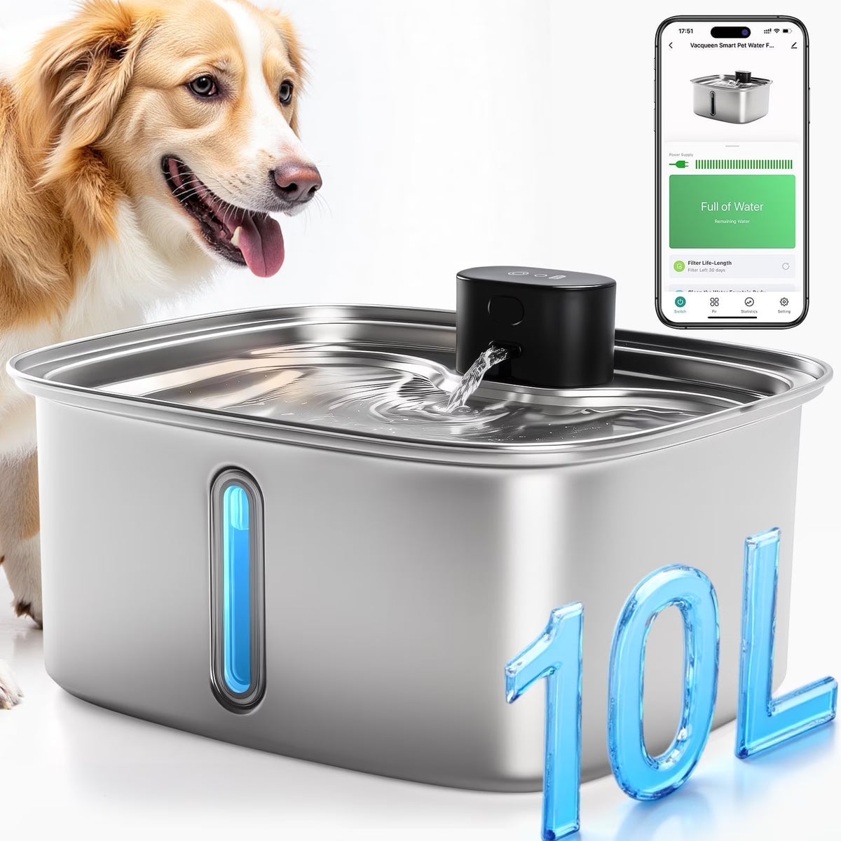 10 L Stainless Steel Dog & Cat Water Fountain with Filtration System & Silent Pump