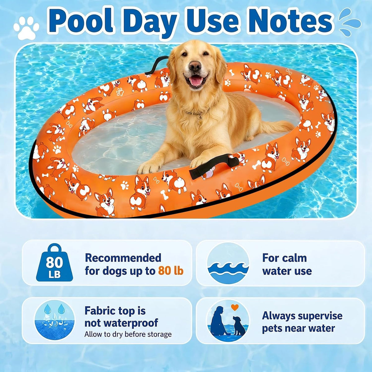 Inflatable Dog Pool Float with Rope, Portable Puppy Raft for Pool or Lake, up to 80 Lb