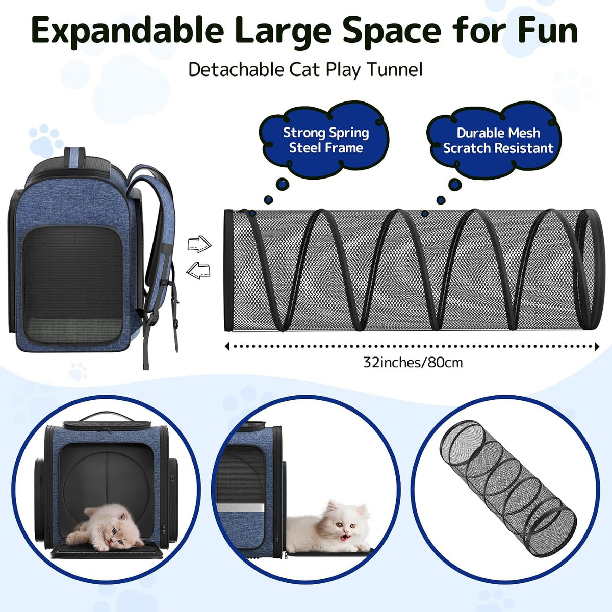 Cat Backpack with Play Tunnel, Design for Carrying Playing Blue
