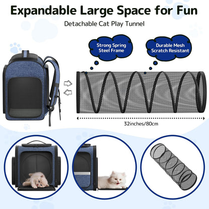 Cat Backpack with Play Tunnel, Design for Carrying Playing Blue