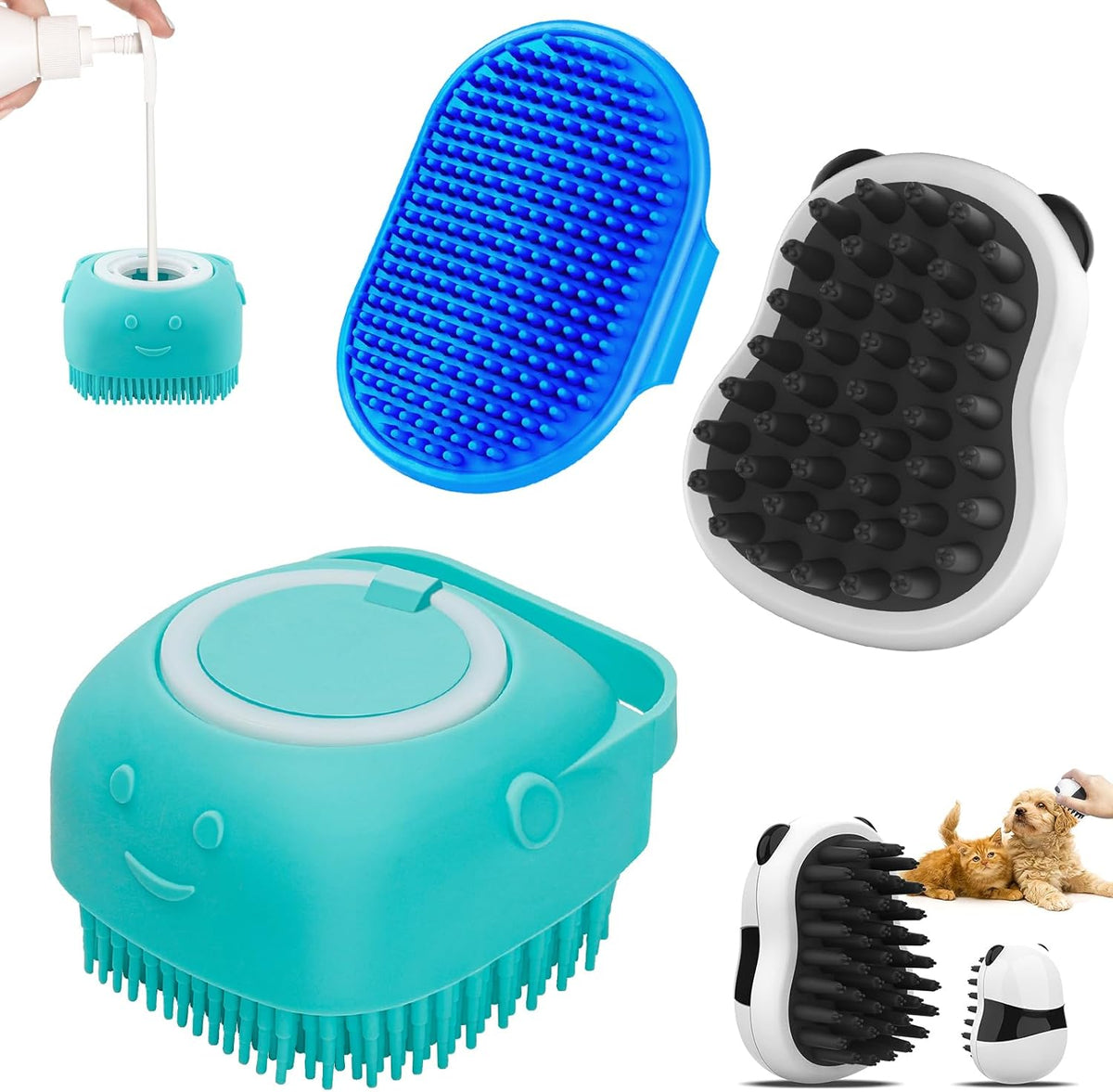 3-In-1 Dog Grooming Brush | Adjustable Handle Shampoo Brush & Scrubber for Short & Long Haired Dogs & Cats (Blue Blue White)