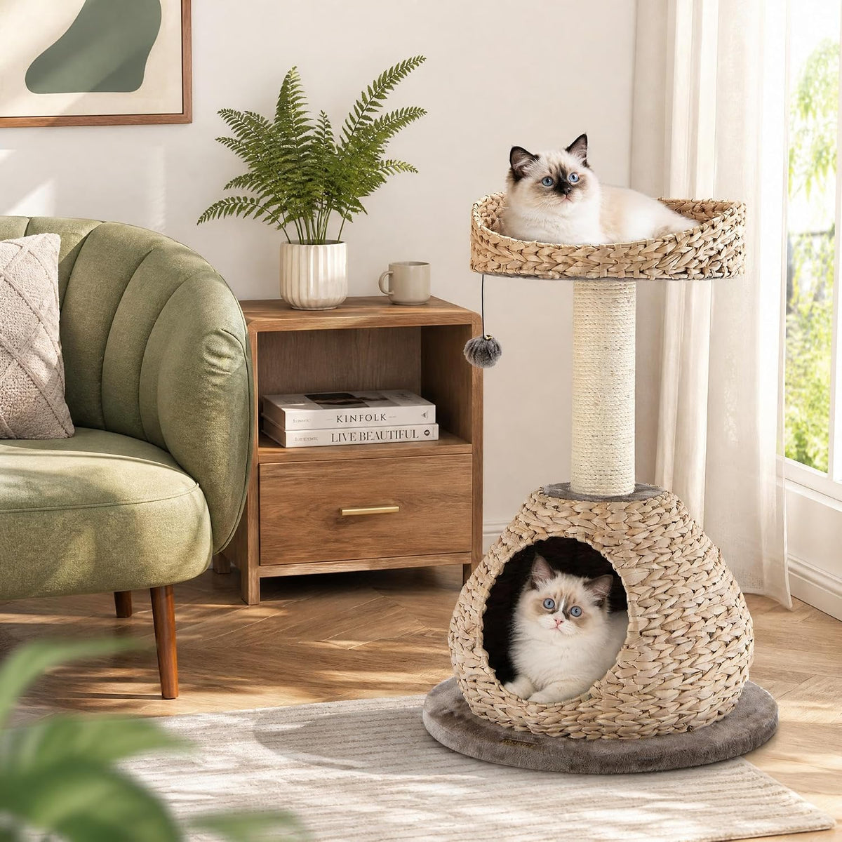 Modern Cat Tree Tower, Paper Rope Natural Bowl Shaped with Perch, Scratching Post, Rattan Cat Activity Tree for Kittens, 28" Tall