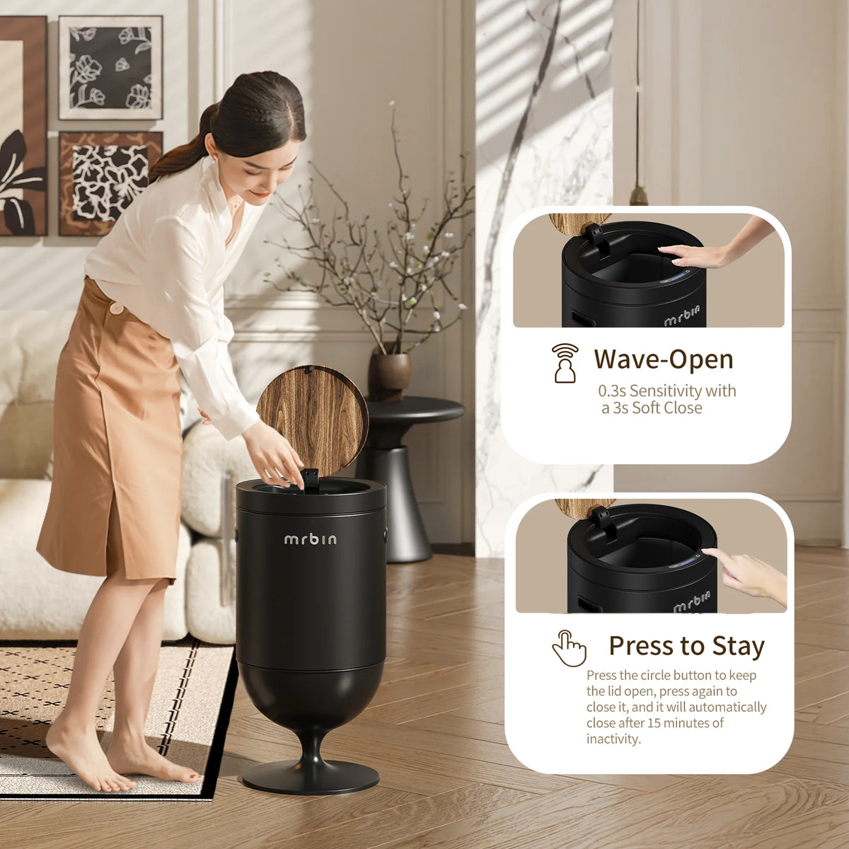 Metal Bathroom Trash Can with Lid, 5.3 Gallon Wine Glass Shaped Automatic Waste Basket Touchless, Smart round Tall Garbage with High Leg for Office, Bedroom, Kitchen, Cream White