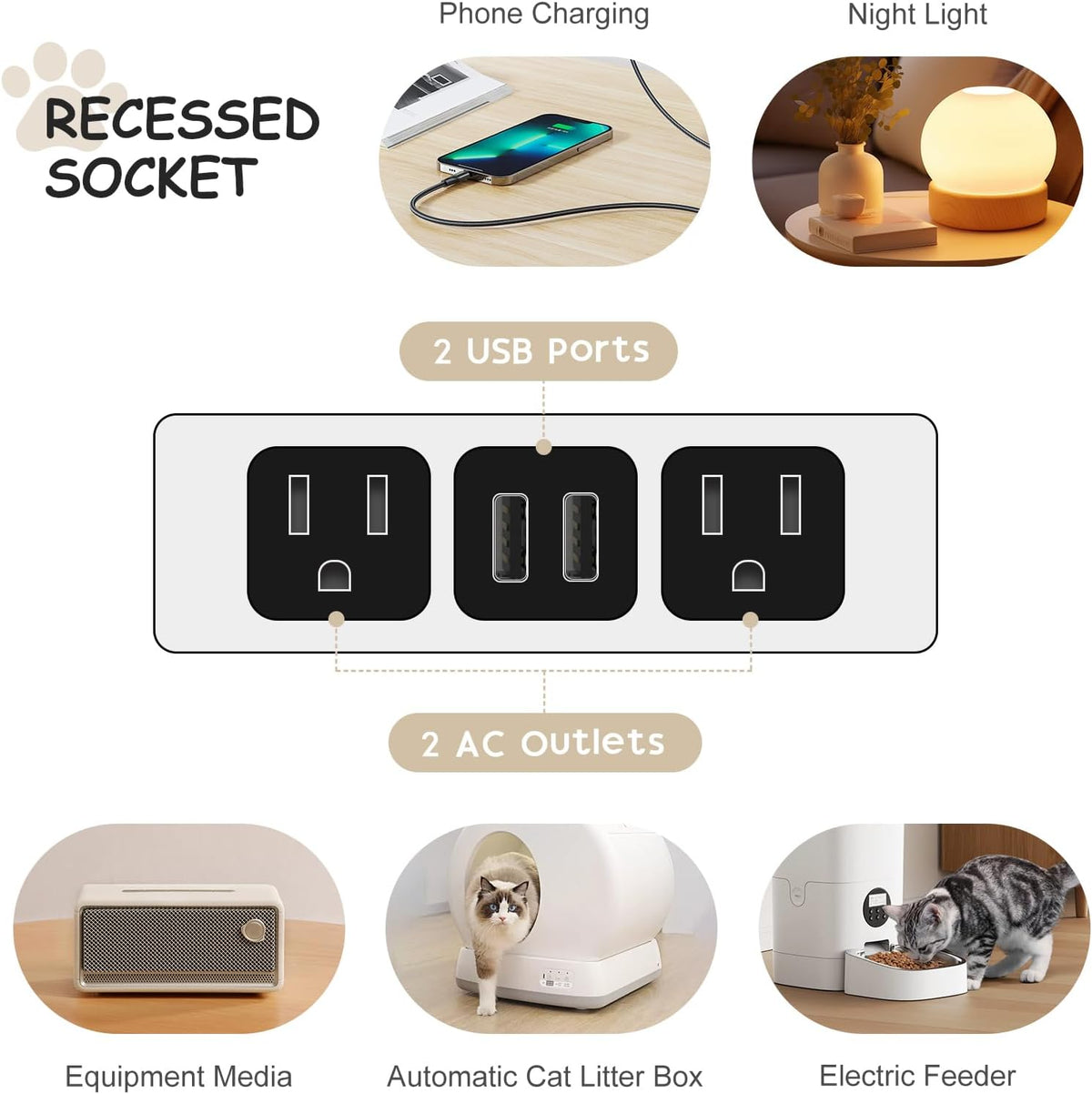 Cat Litter Box Enclosure, Litter Box Furniture for 2 Cats, Litter Box Enclosure with Socket for Living Room (Black)