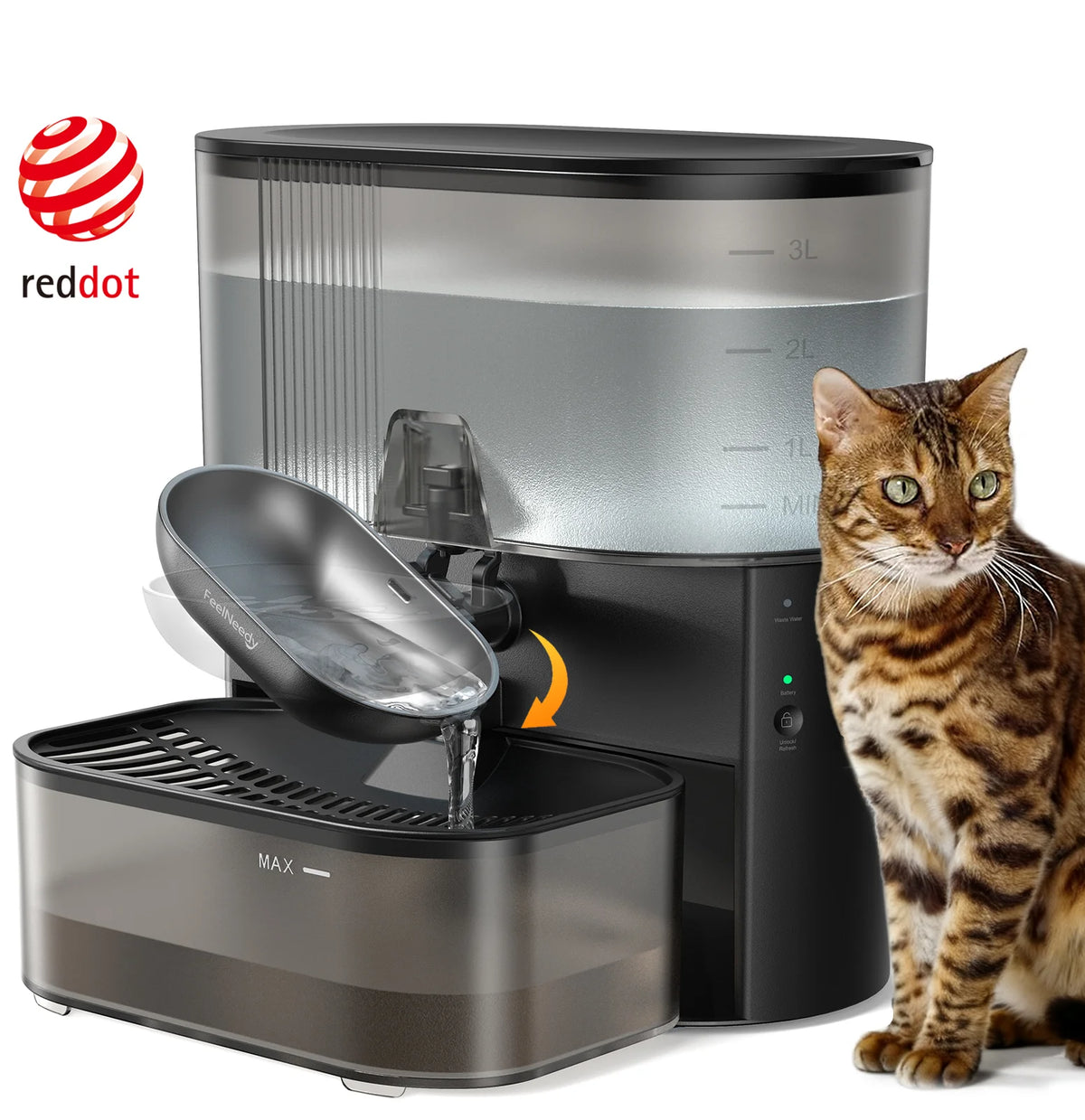 Smart Pet Water Fountain No Filter Needed, 3.5L/118Oz Wireless Cat Water Fountain with Stainless Steel Bowl,Rechargeable Automatic Water Dispenser for Cats and Kitten, Black