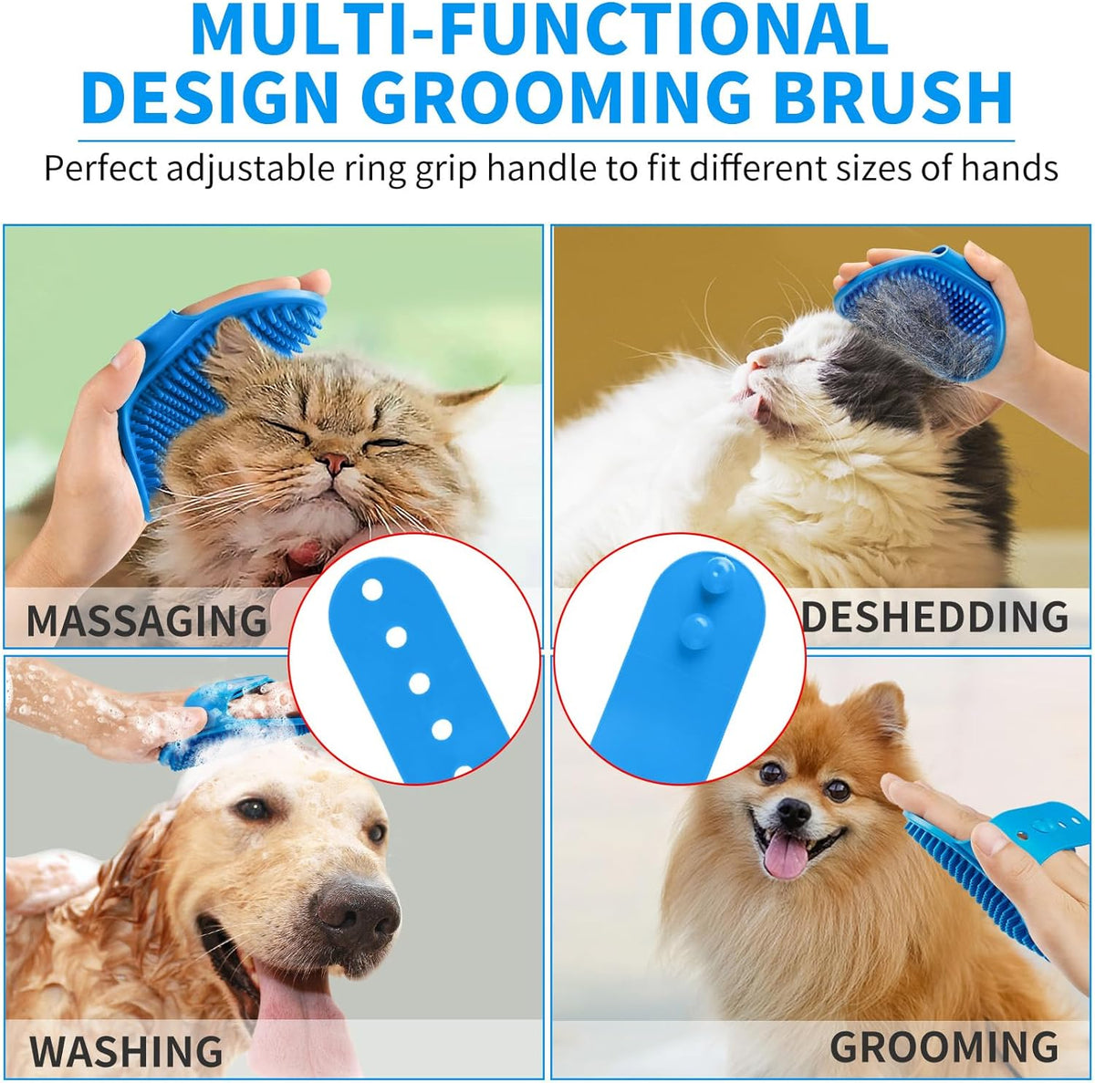 3-In-1 Dog Grooming Brush | Adjustable Handle Shampoo Brush & Scrubber for Short & Long Haired Dogs & Cats (Blue Blue White)