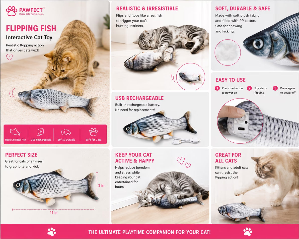 Risehigh Interactive Cat Toys for Indoor 3 Pcs Kitten Toys Bite-Sized Realistic Flopping Fish with Tap-Activated 3 Flapping Modes 7.1 Inch Rechargeable