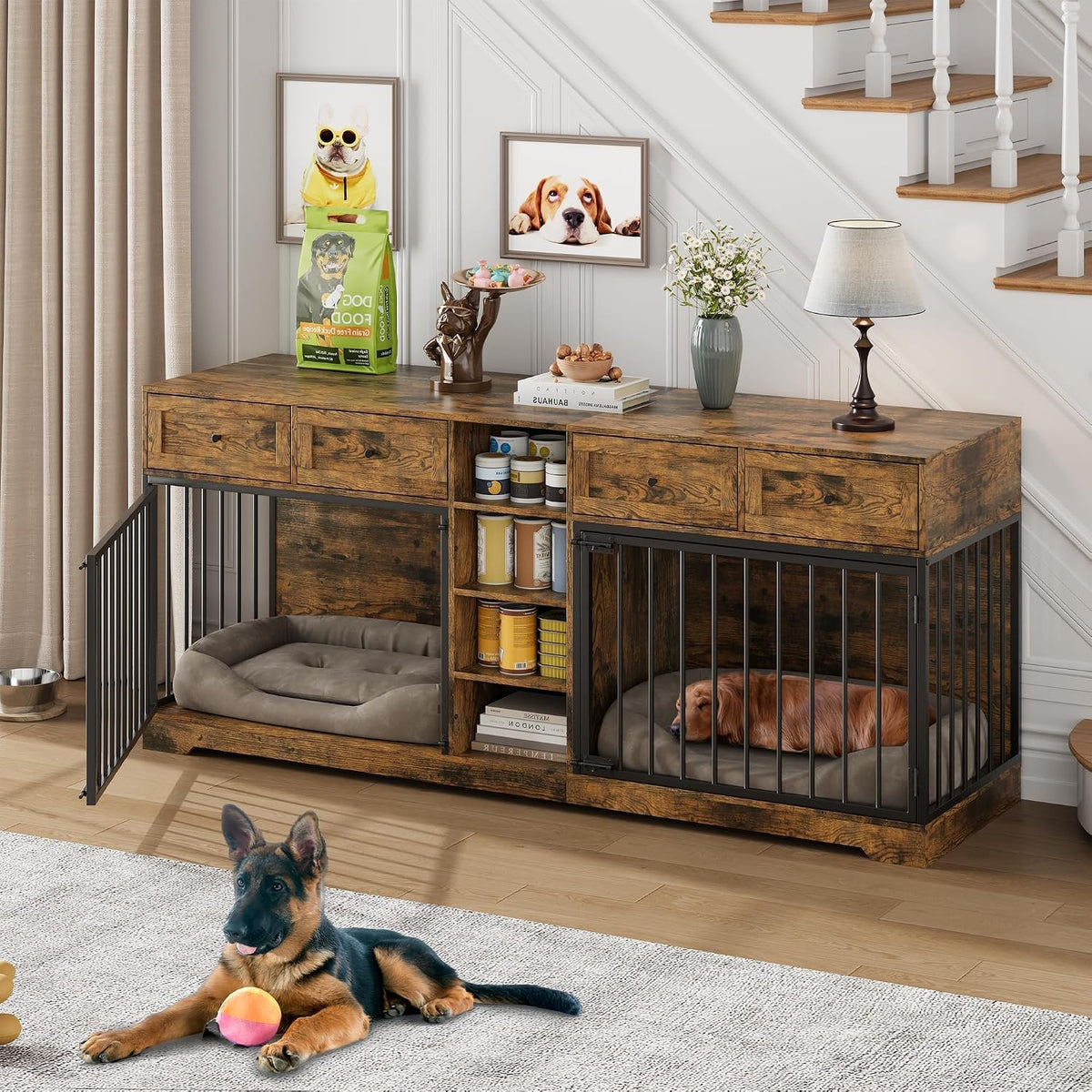 82" Large Double Dog Crate Furniture with Drawers and Shelves, Brown