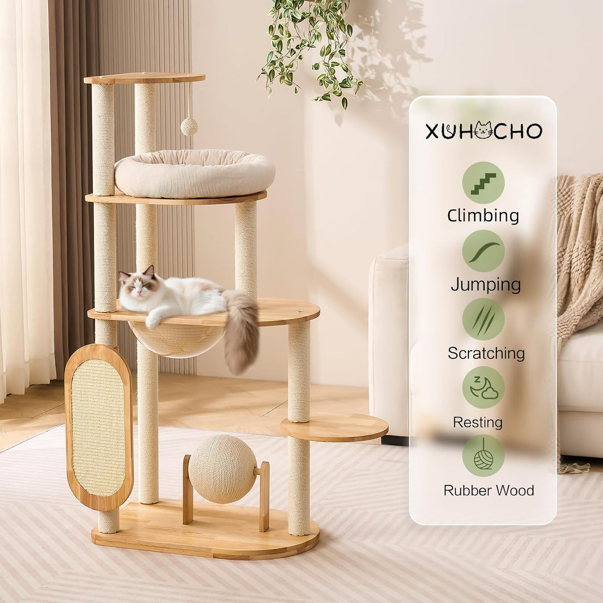 50 in Rubberwood Cat Tree Indoor Cat Tower