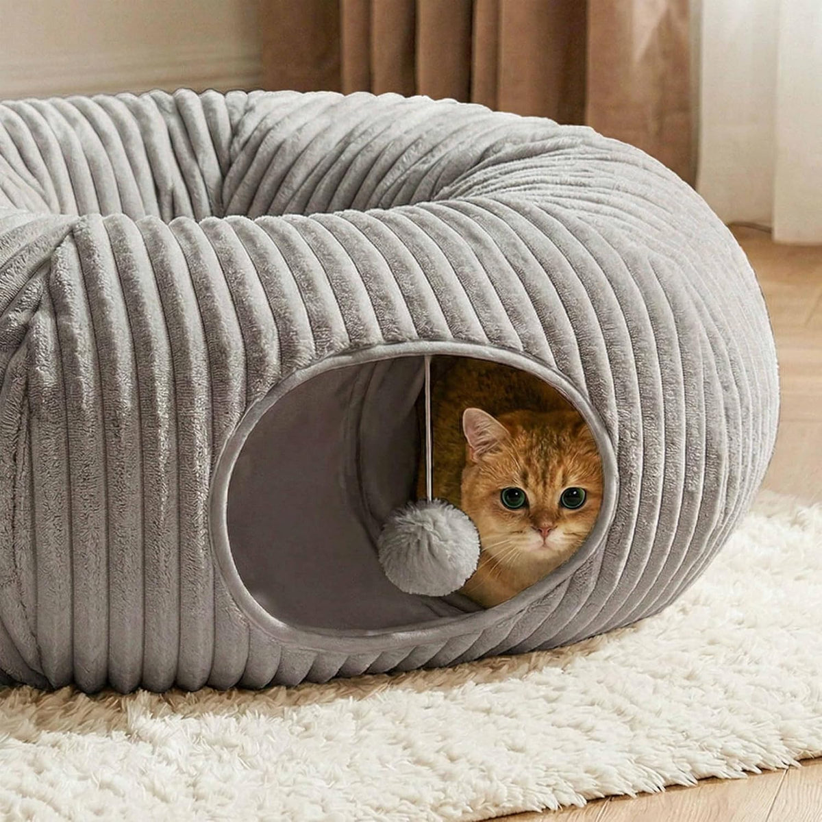 Cat Tunnel Bed for Indoor Cats, Peekaboo Cat Cave Bed, Grey