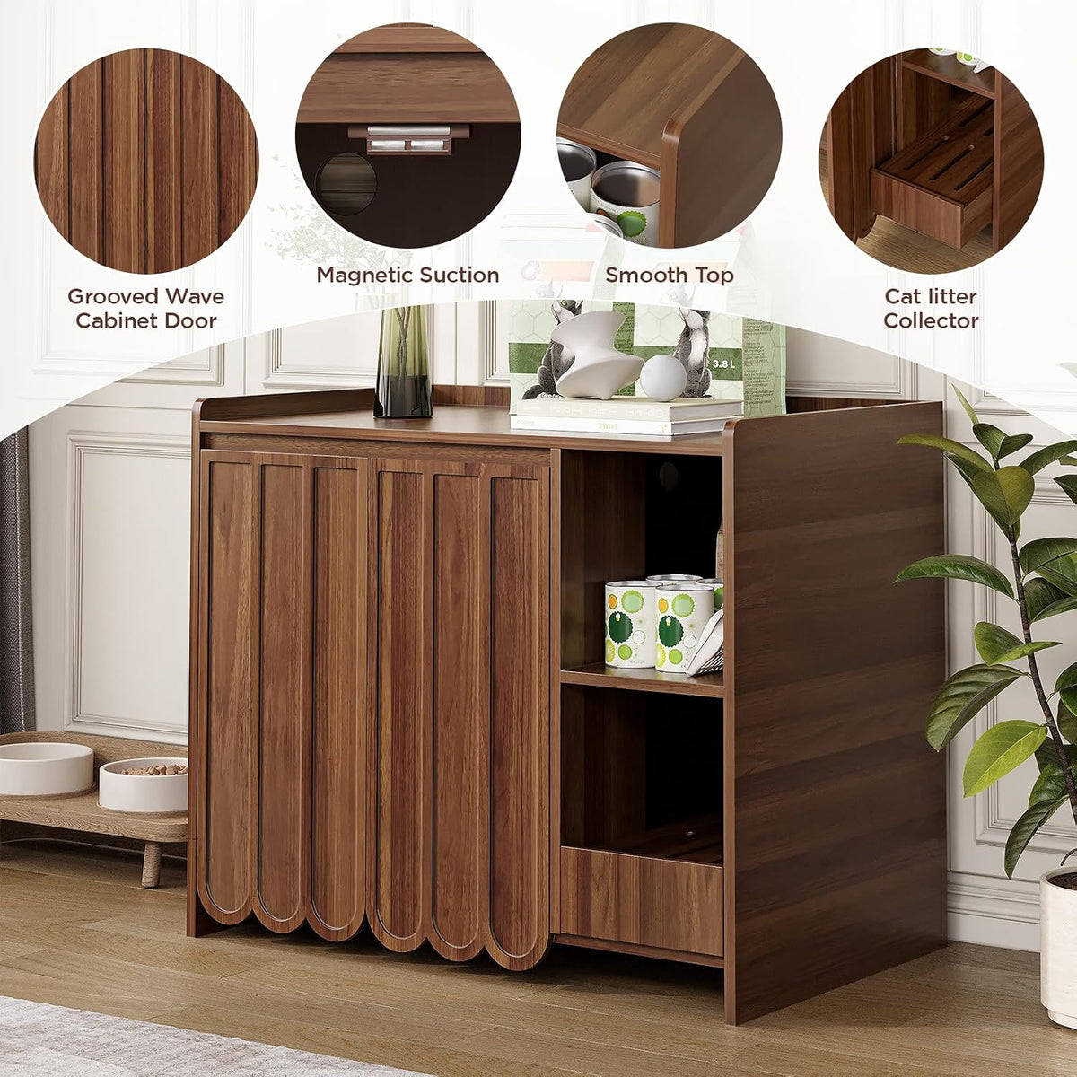 Large Litter Box Enclosure with Litter Collector, Hidden Litter Box Furniture for Automatic Litter Box, Cat Robot 3/4, Dog Proof Litter Box Cabinet, Side Table, Walnut