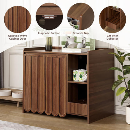 Large Litter Box Enclosure with Litter Collector, Hidden Litter Box Furniture for Automatic Litter Box, Cat Robot 3/4, Dog Proof Litter Box Cabinet, Side Table, Walnut