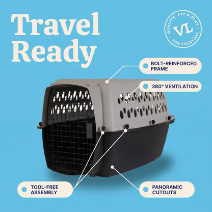 Large Plastic Hard-Sided Pet Carrier, Black and Gray, 90 Lb Limit
