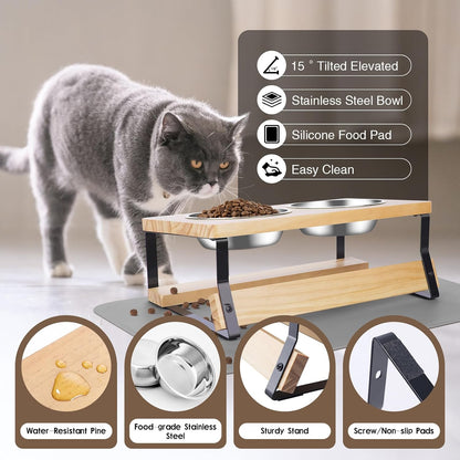 Elevated Cat Bowls with Food Mat, 15° Tilted anti Vomiting Raised Cat Feeder for Indoor Cats and Puppy, 2 Stainless Steel Bowls for Food and Water