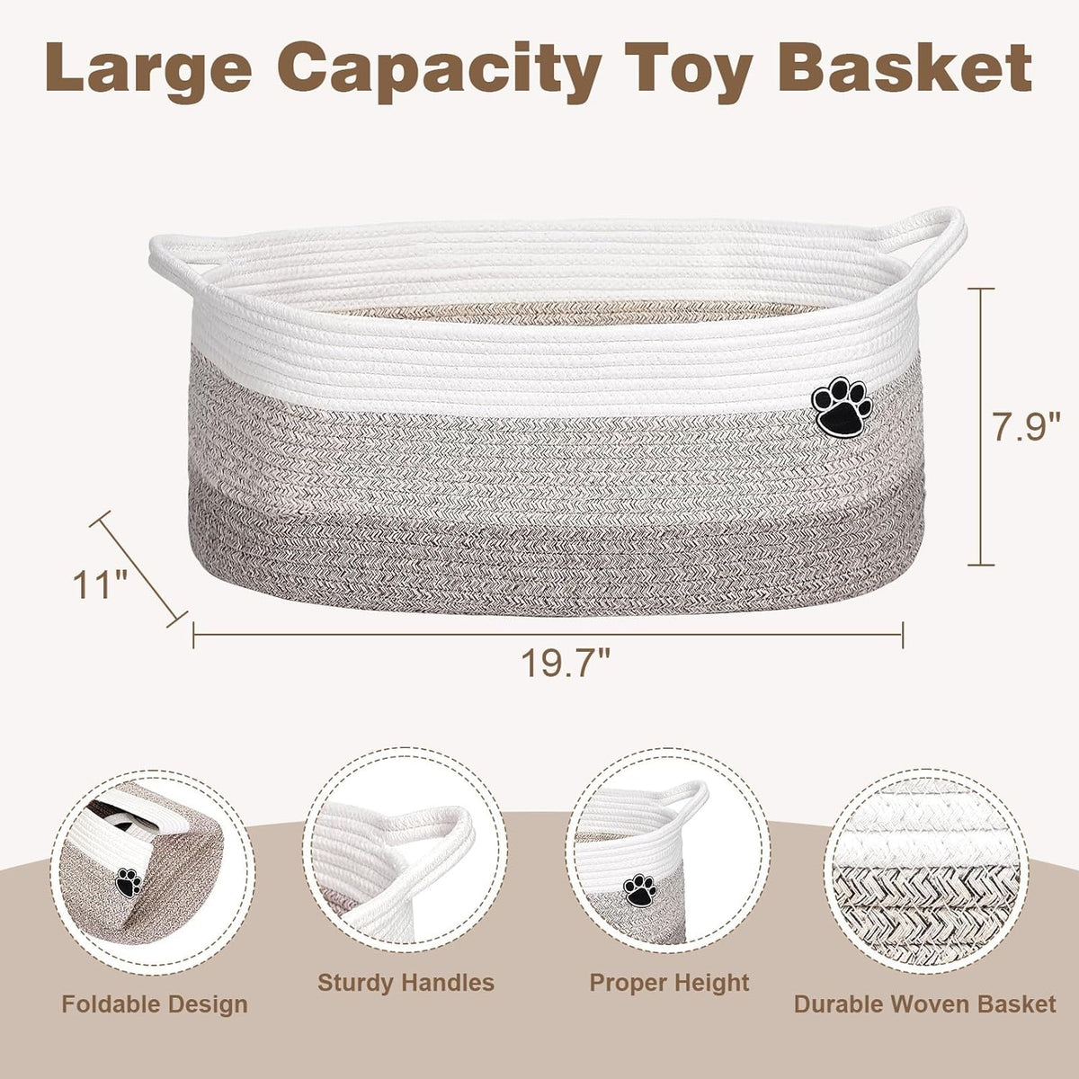 Dog Toy Basket, 30L Toy Box and Bin for Dog Cat Storage, 19.7" X 11" X 7.9" Large Woven Rope Basket for Blanket Storage, Living Room, Bedroom, White & Brown