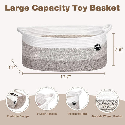 Dog Toy Basket, 30L Toy Box and Bin for Dog Cat Storage, 19.7" X 11" X 7.9" Large Woven Rope Basket for Blanket Storage, Living Room, Bedroom, White & Brown