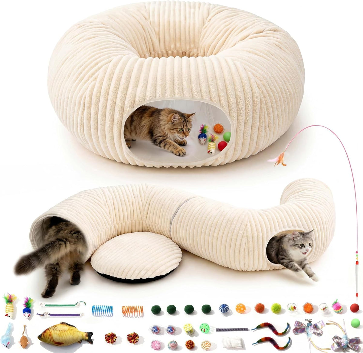 Cat Tunnel Bed with 40 Pcs Interactive Cat Toys, White