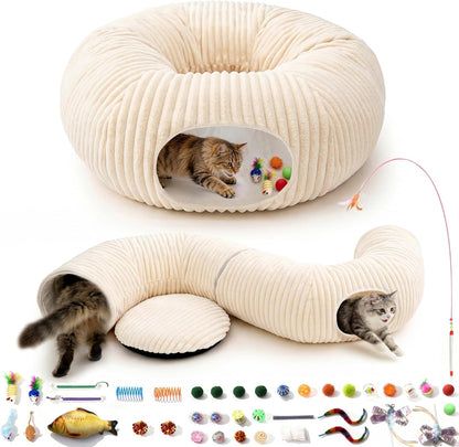 Cat Tunnel Bed with 40 Pcs Interactive Cat Toys, White
