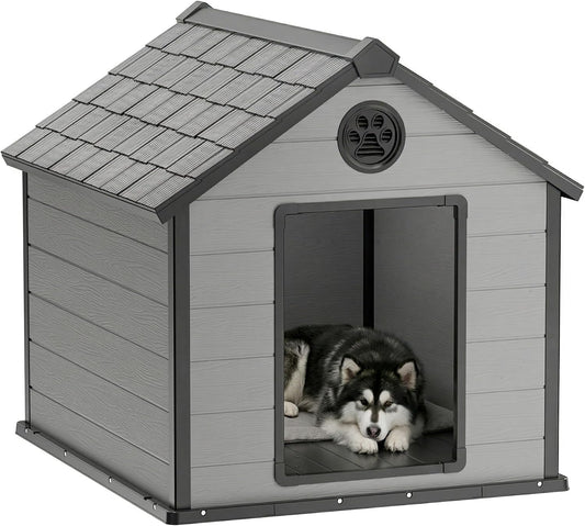 Dog House, Resin Outdoor Shelter for Large Dogs, Spacious Wood-Grain Kennel with Hidden Ventilation, Easy to Clean & Assemble, Waterproof Weather-Resistant, Ideal for outside Use