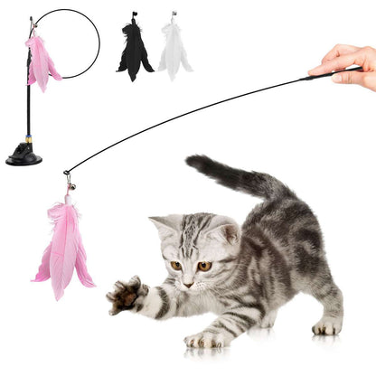 Bendable Teaser Wand Toy with Suction Cup Base Feather Bells Cat Interactive Pet