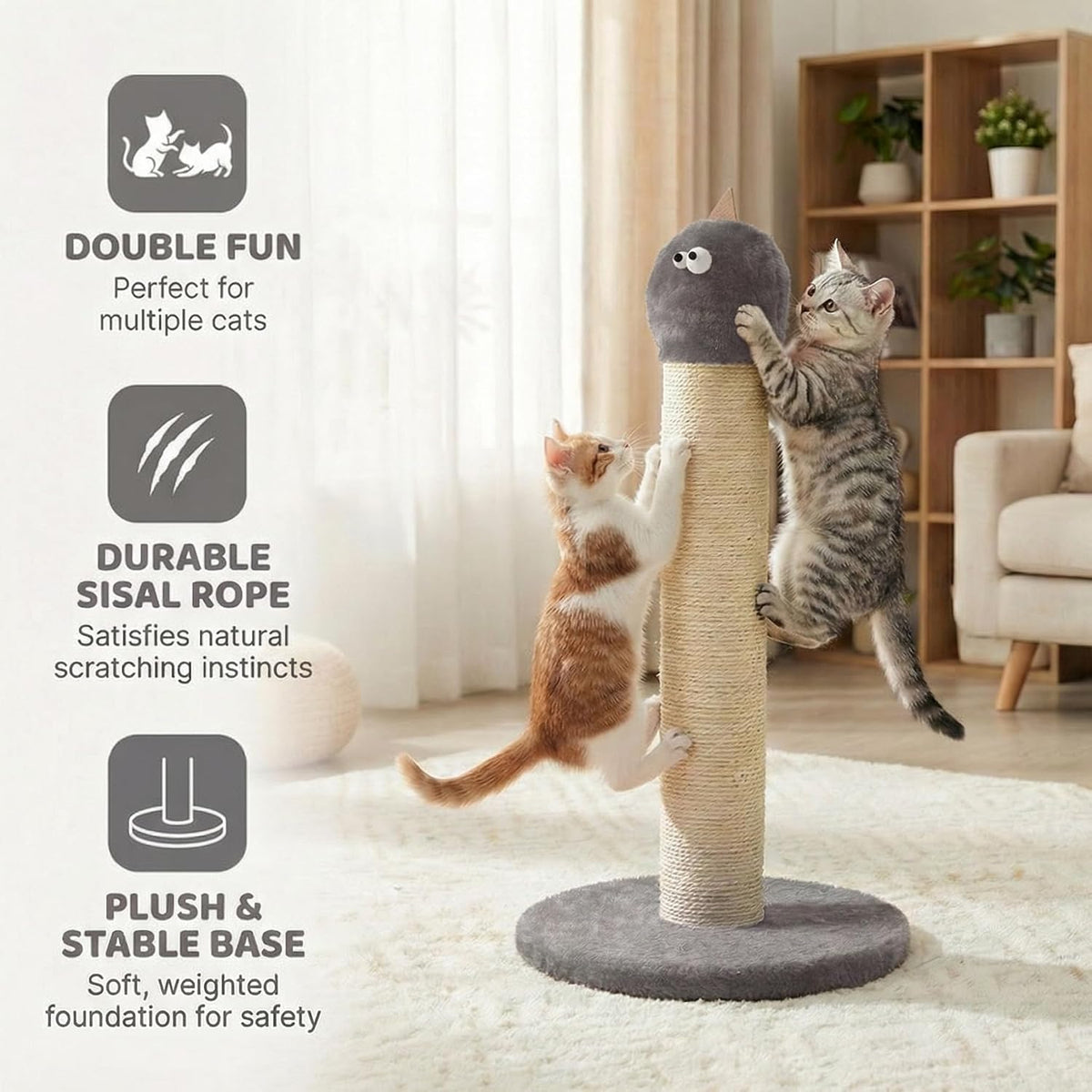 Cat Scratching Post 22'', Scratching Post with Extra Wide 12" Heavy Duty Base for Indoor Kitty, Scratching Post with Natural Sisal & Velvet Fabric for Small, Medium Cat, Grey