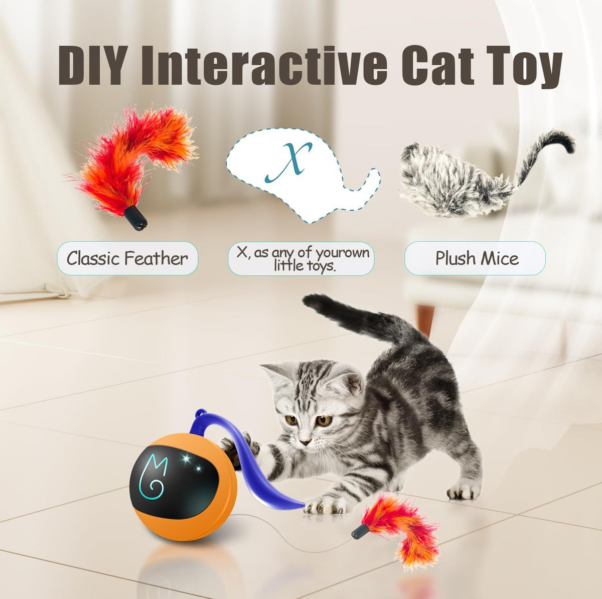 Interactive Cat Ball Toy Set, Fun Tracker, Automatic Rolling Chase Ball with Fluffy Tail, a Small Mice, Rechargeable (Orange)