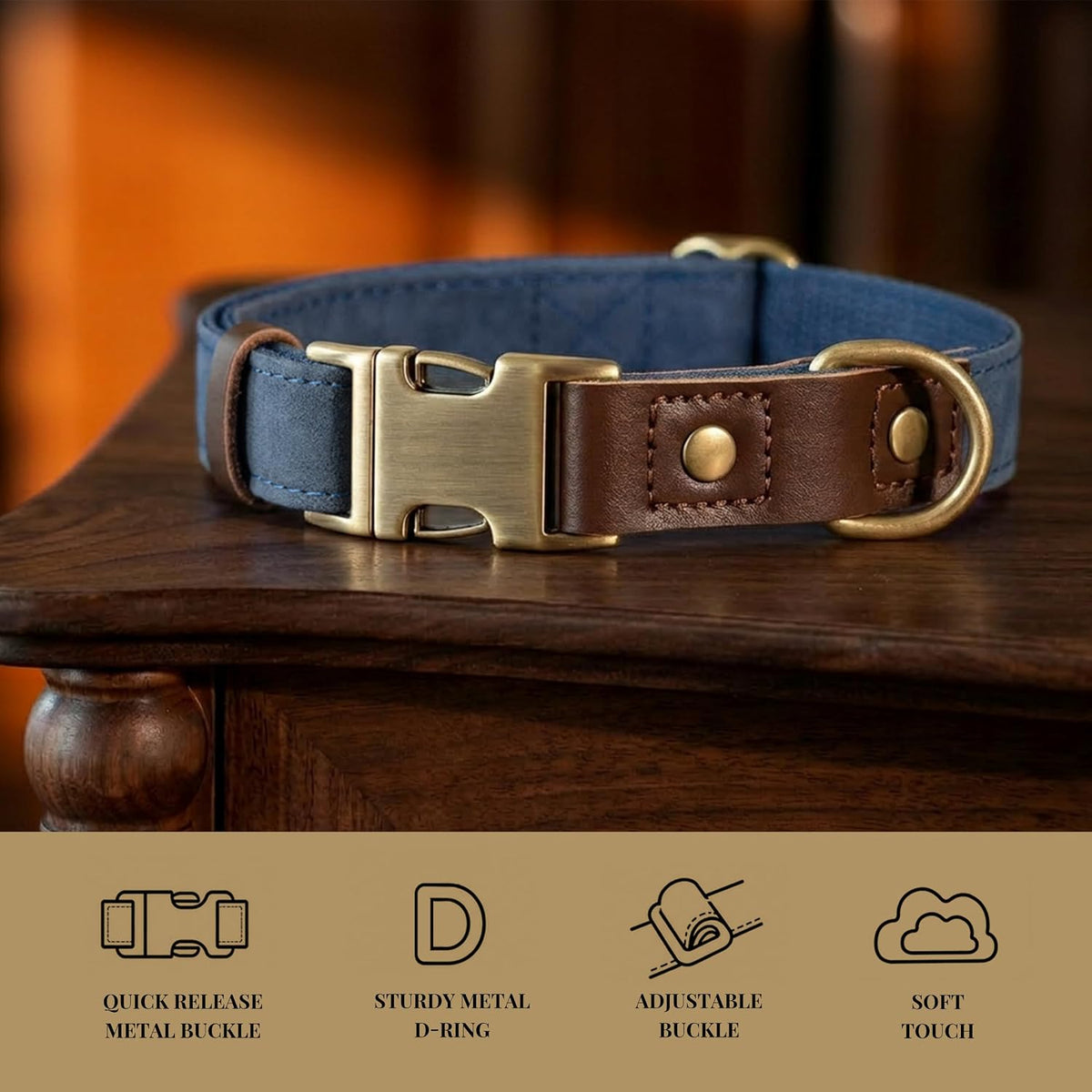 PU Leather Dog Collar for Medium Dogs, Soft Nylon Lining, Blue M